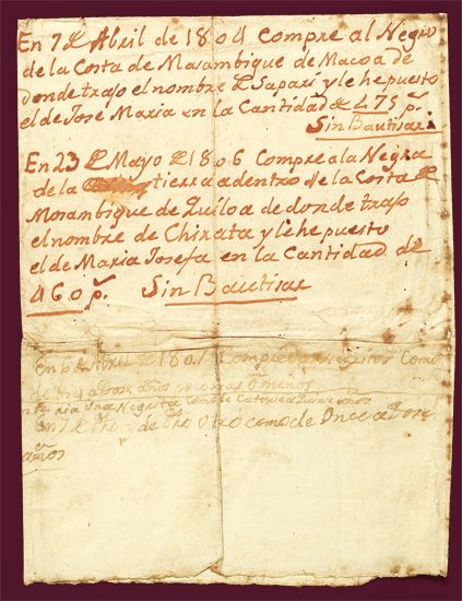 (SLAVERY AND ABOLITION.) COLONIAL SPAIN. Manuscript document recording several purchases of slaves in Mozambique.